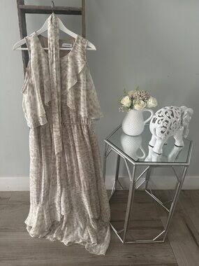 Calvin Klein Taupe Printed Ruffle Tie-Neck Maxi Dress